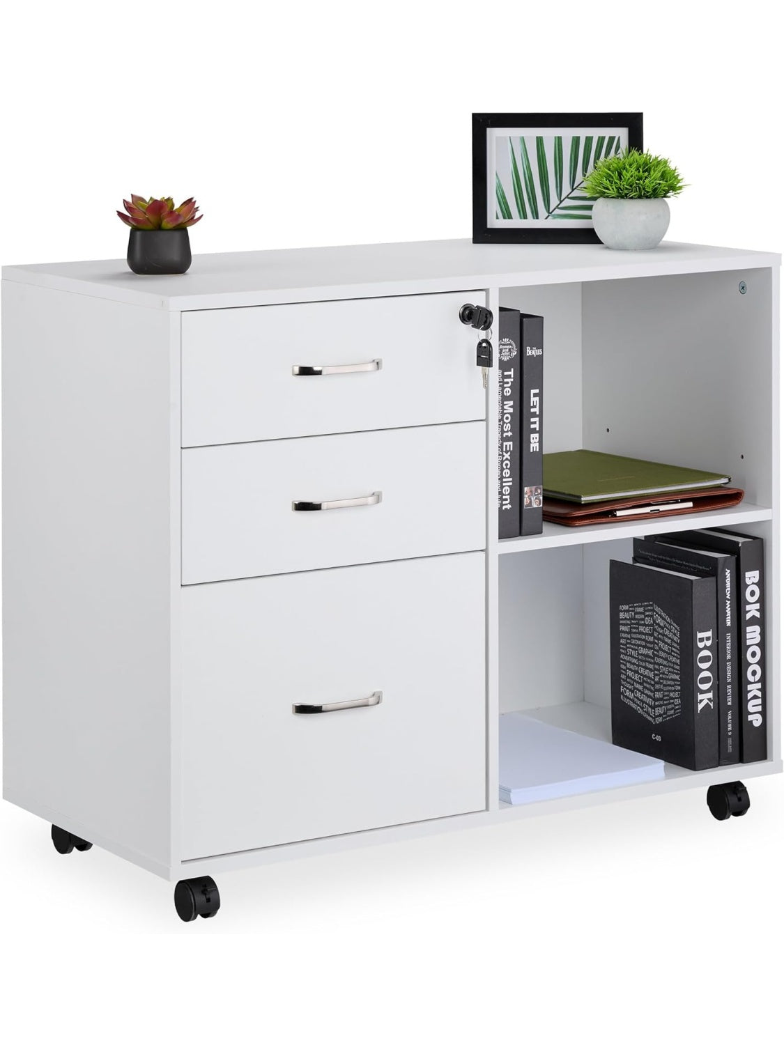 Gabinete de Archivo con Tres Cajones Dos Compartimentos Cerrados y Base Movil con Cerradura Blanco