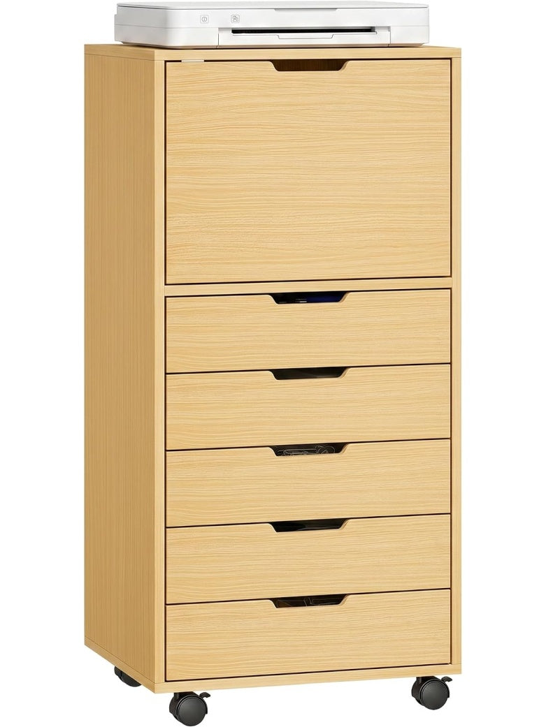 Cajonera de Oficina con Ruedas de 5 Cajones y Compartimento para Impresora Mueble Auxiliar Natural
