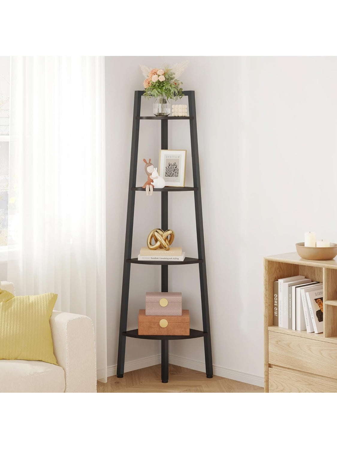 Estanteria Esquinera de Cuatro Pisos con Estructura Metalica para Dormitorio, Cocina u Oficina