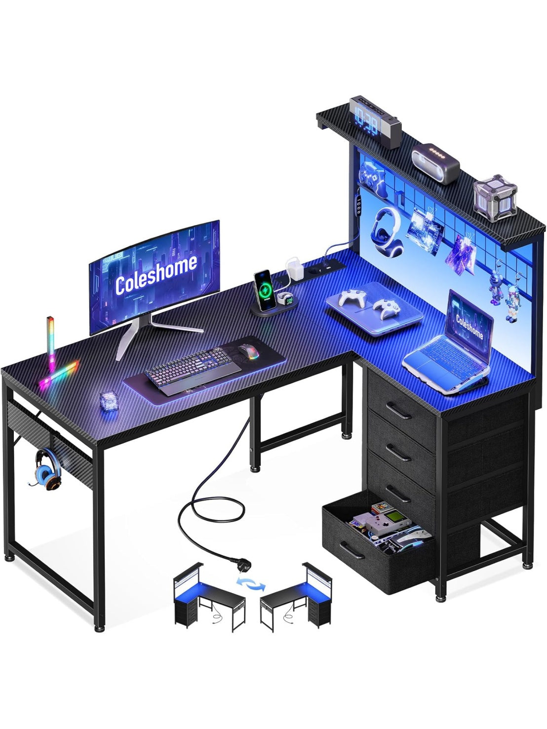 Escritorio gaming en forma de L con cuatro cajones iluminacion LED enchufes y estanteria