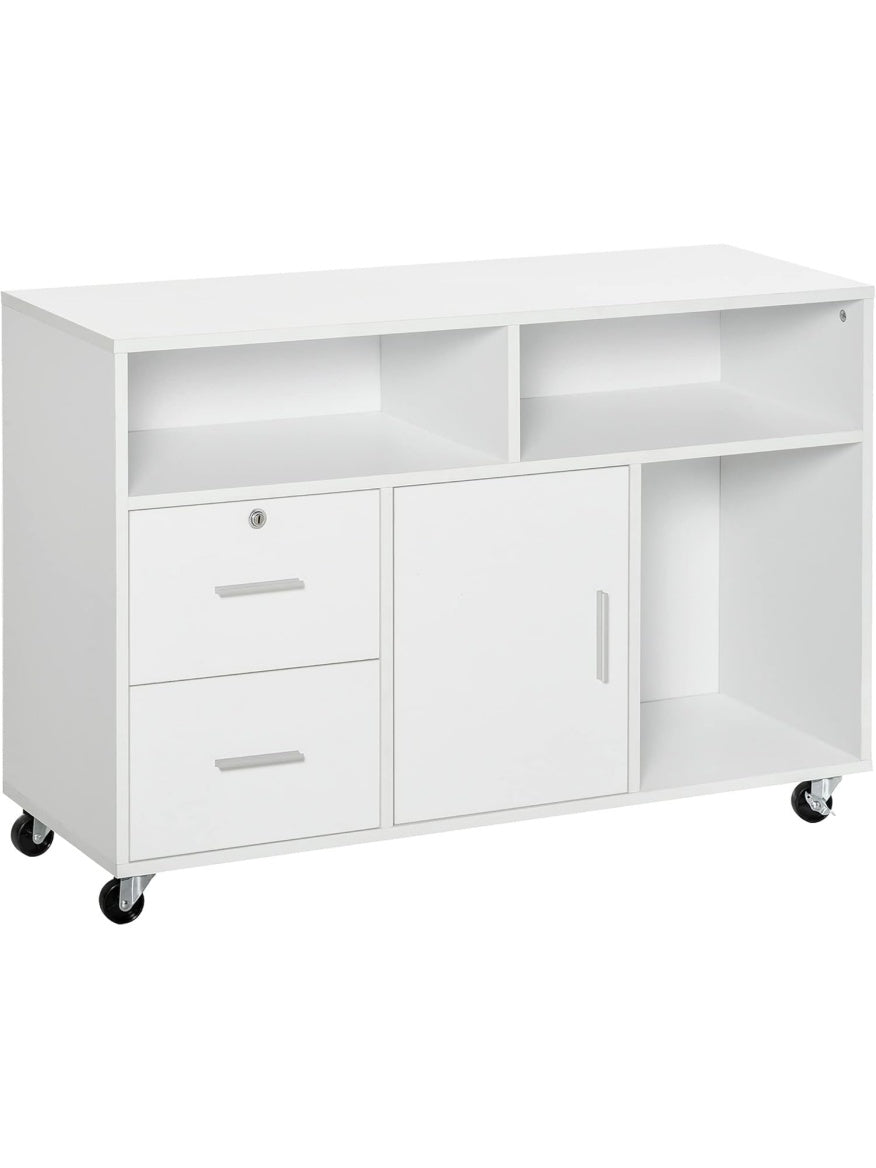 Mueble Organizador de Oficina con Ruedas Cajones Estantes y Zona Amplia de Almacenamiento Blanco