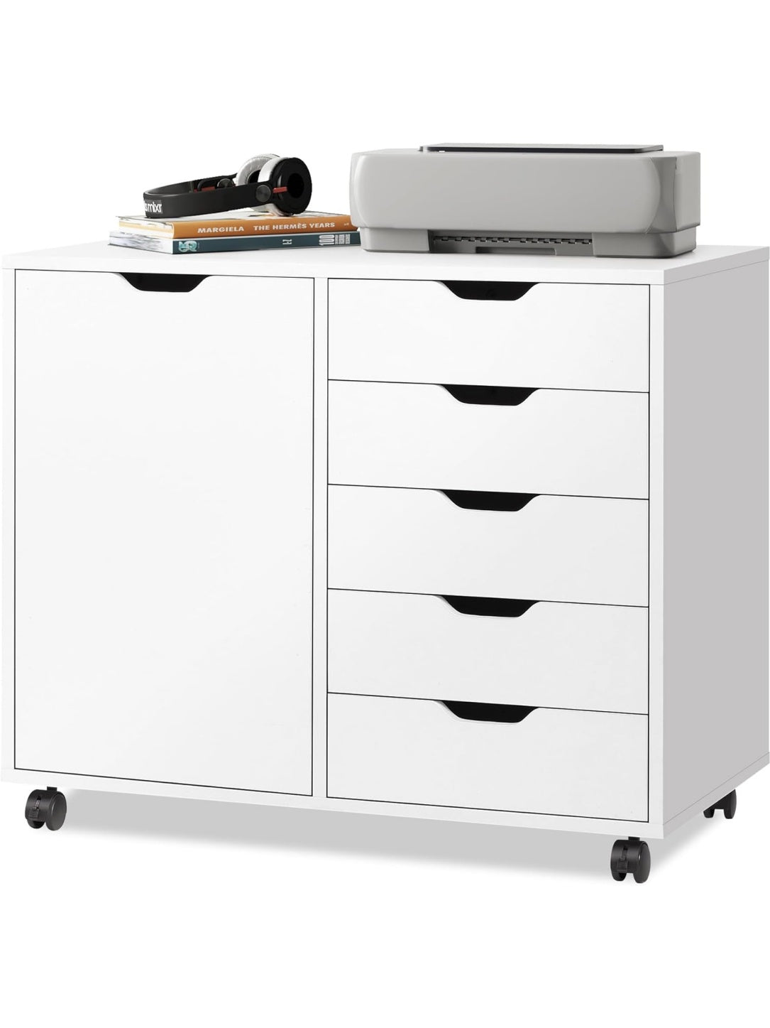 Mueble Bajo de Archivo con Cinco Cajones y Compartimento Superior para Carpetas A4 Legal y Carta Blanco