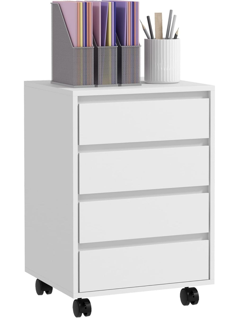 Modulo Archivador con Cuatro Cajones y Base con Ruedas para Organizar Material de Trabajo en Oficina Blanco