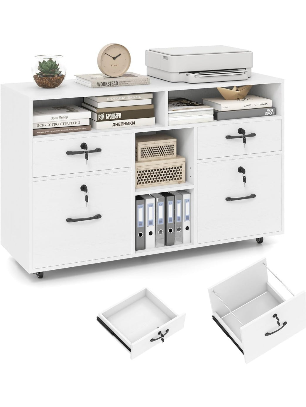 Unidad Archivadora con Ruedas Cuatro Cajones Cerrados Soporte Superior para Impresora y Archivo A4 Blanco